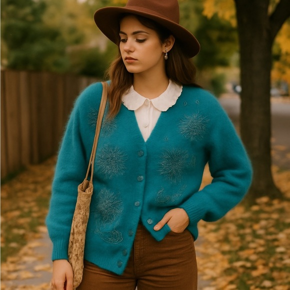 Rare Vintage Angora Embroidered Beaded NWT Dead-stock Turquoise Cardigan M - Picture 2 of 16